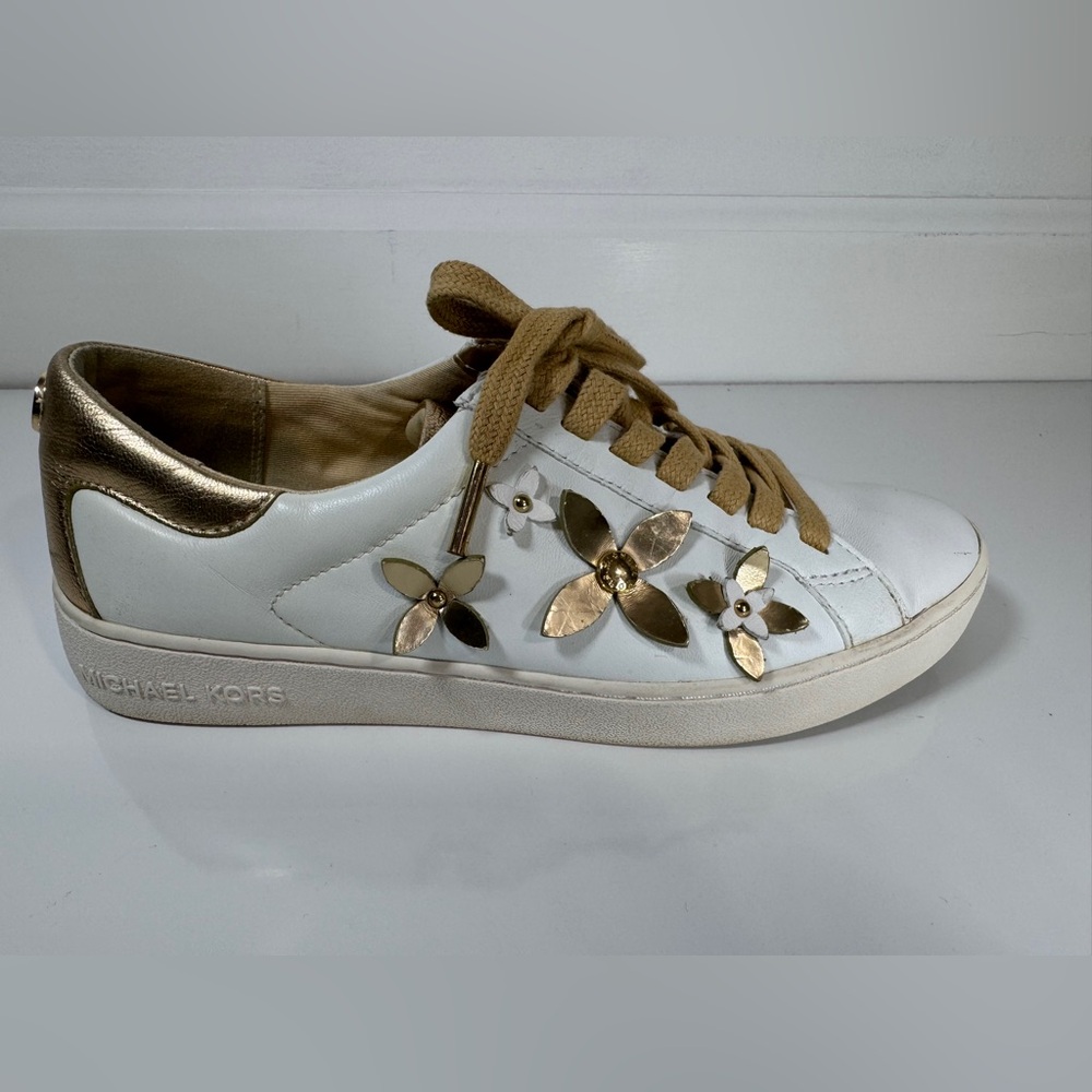 Michael Kors White and Gold Sneakers with Floral Cutouts‎